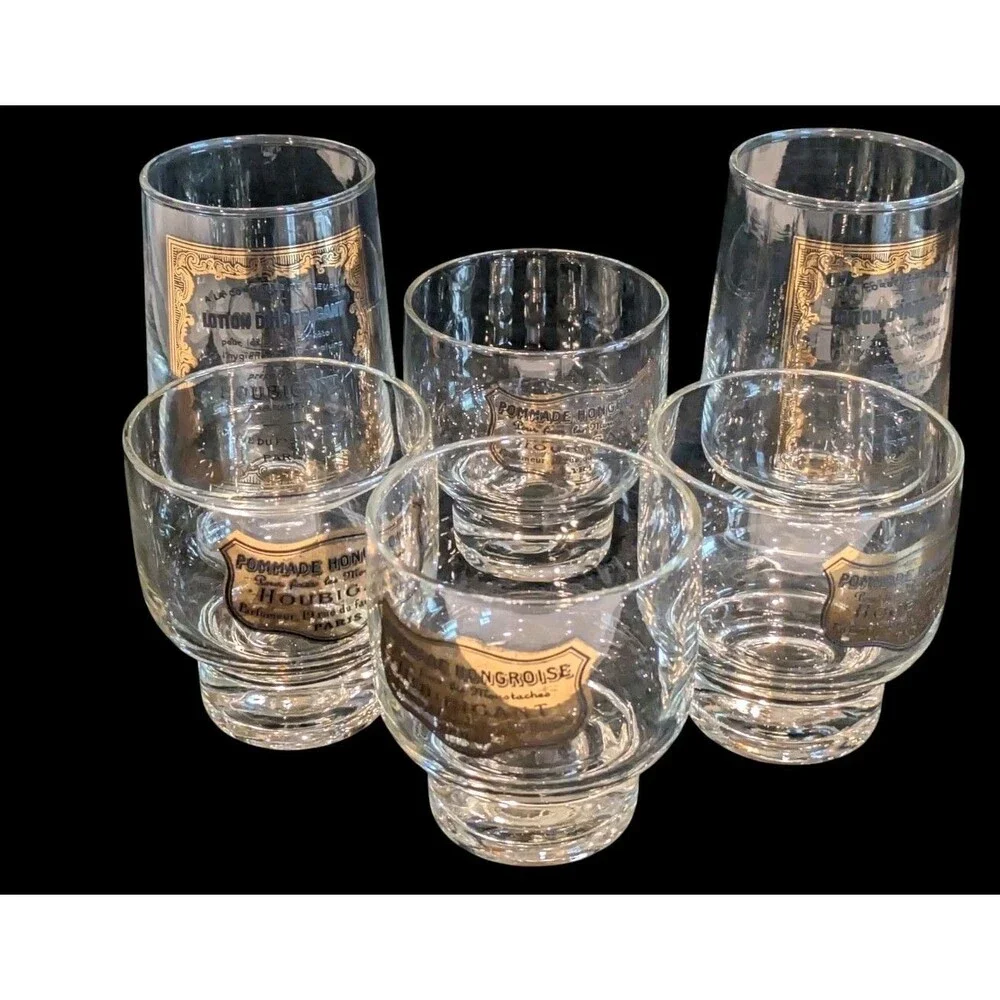 6 Vintage French Pommade Houbigant Parfumerie Paris Advertising Cocktail Glasses